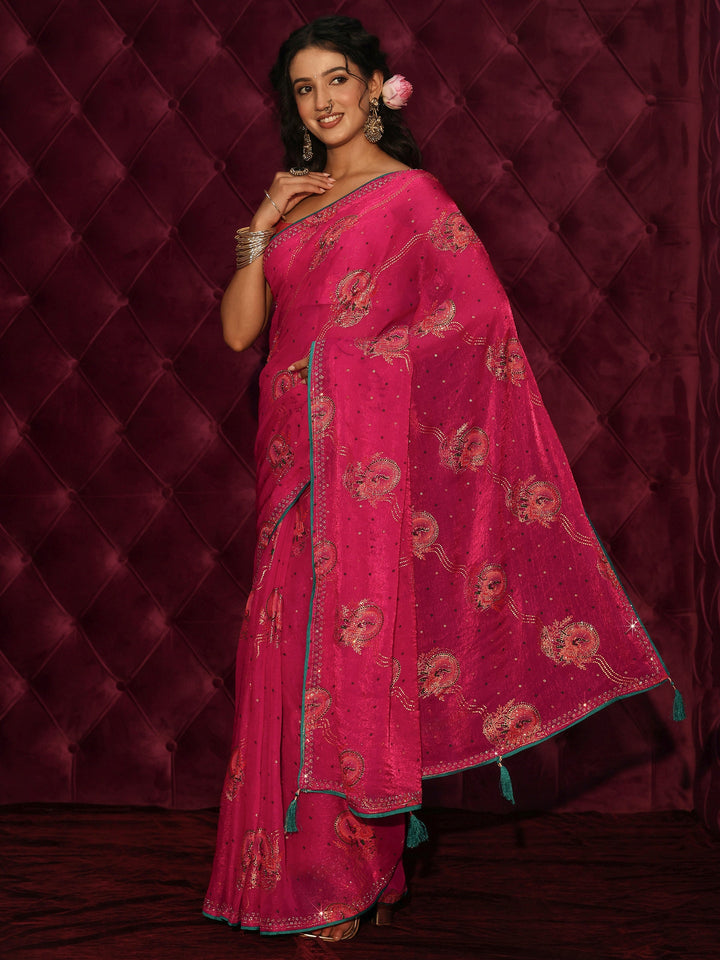 Libas Pink Elephant Motif Printed Tissue Saree with Stone Work