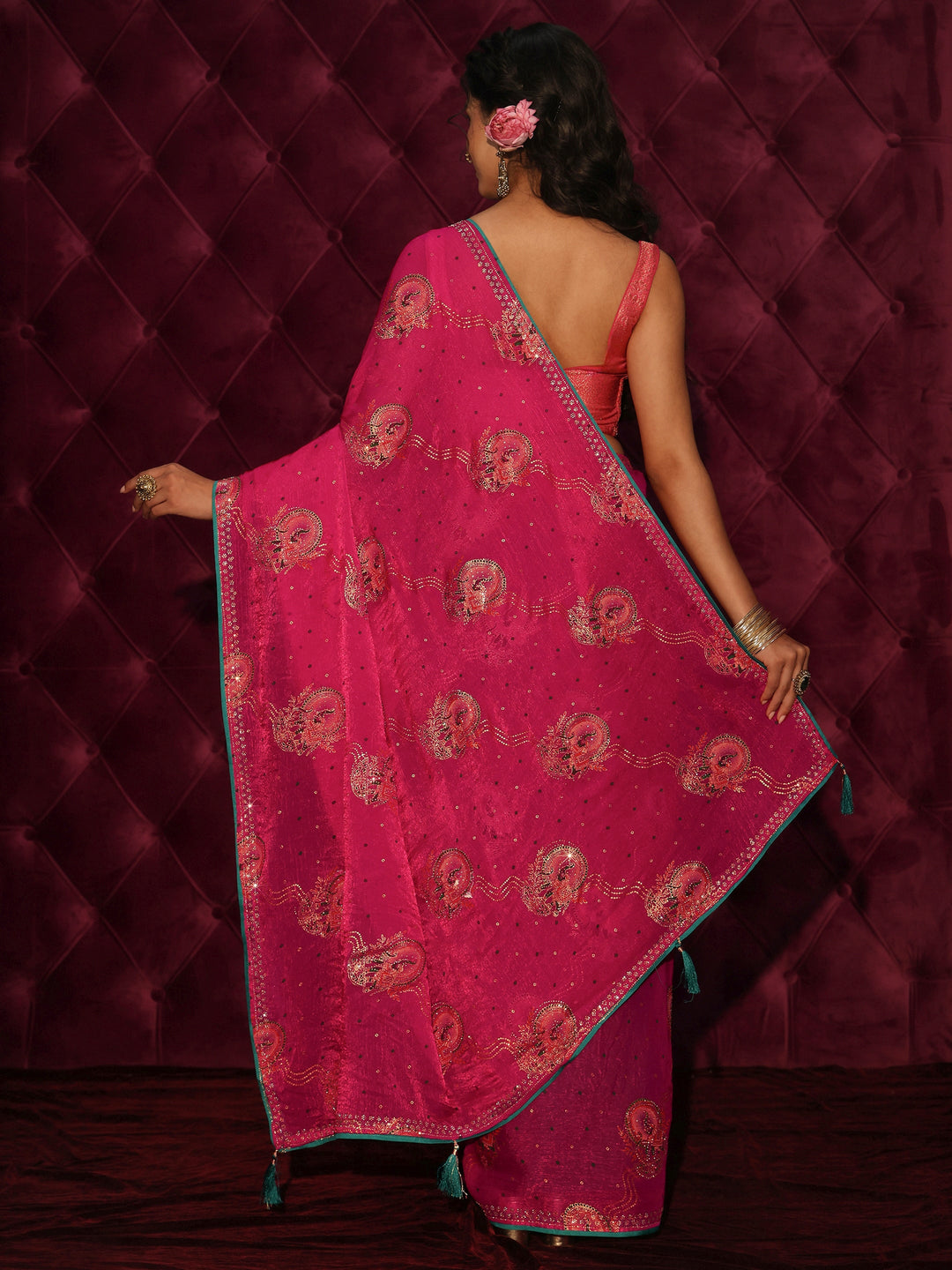 Libas Pink Elephant Motif Printed Tissue Saree with Stone Work