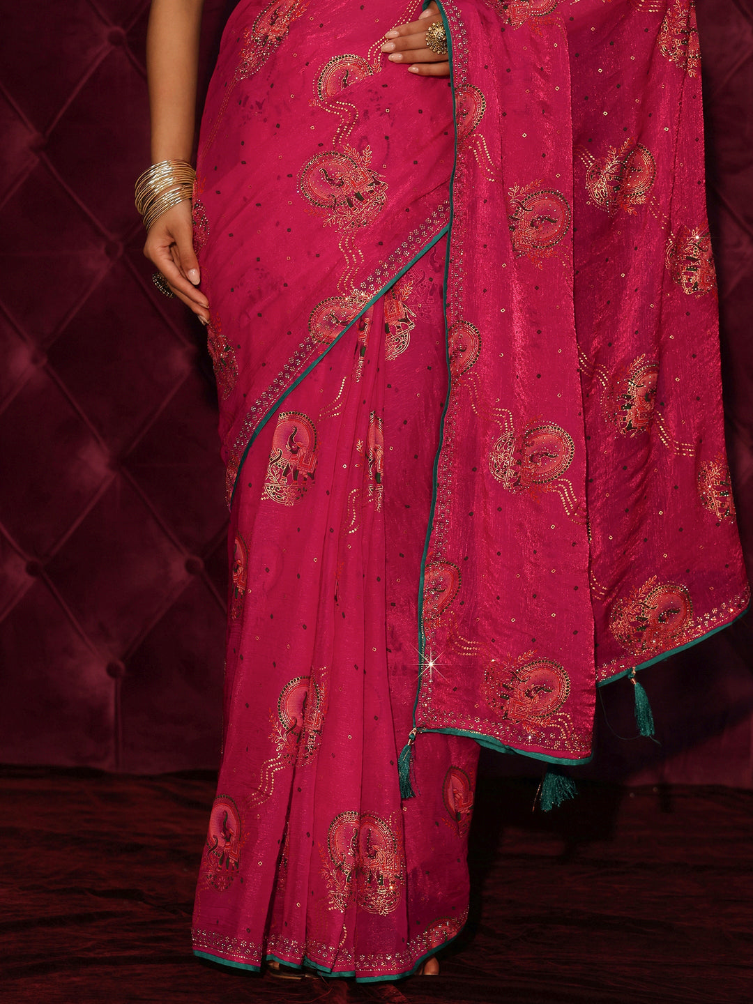 Libas Pink Elephant Motif Printed Tissue Saree with Stone Work