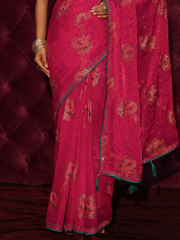 Libas Pink Elephant Motif Printed Tissue Saree with Stone Work