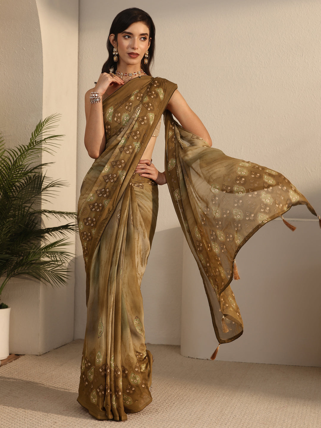 Libas Green Ethnic Printed Georgette Saree