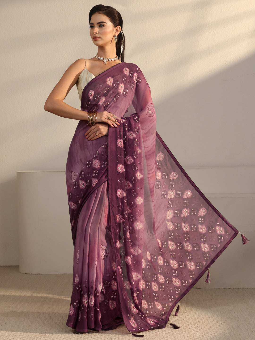 Libas Pink Ethnic Printed Georgette Saree