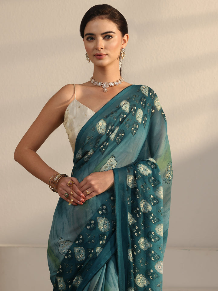Libas Blue Ethnic Printed Georgette Saree