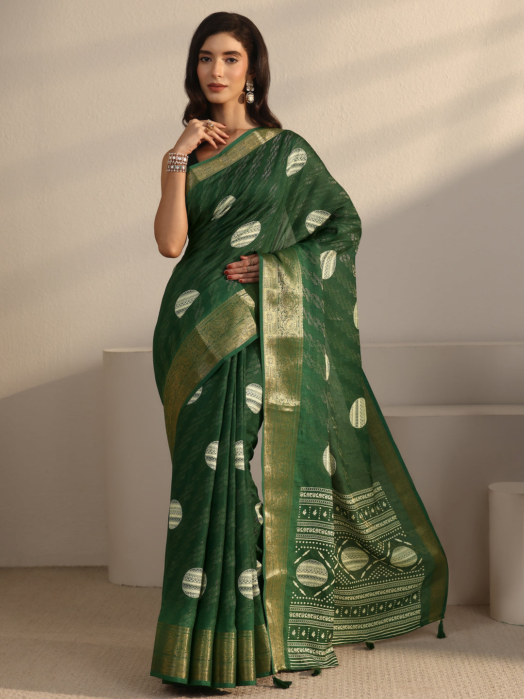 Libas Bottle Green Woven Design Silk Blend Tassel Saree