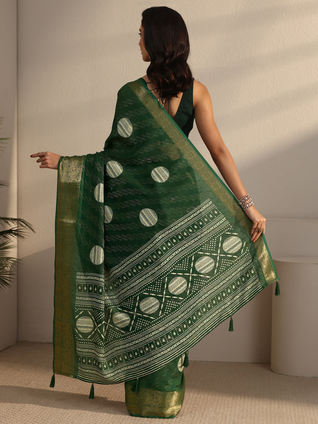 Libas Bottle Green Woven Design Silk Blend Tassel Saree