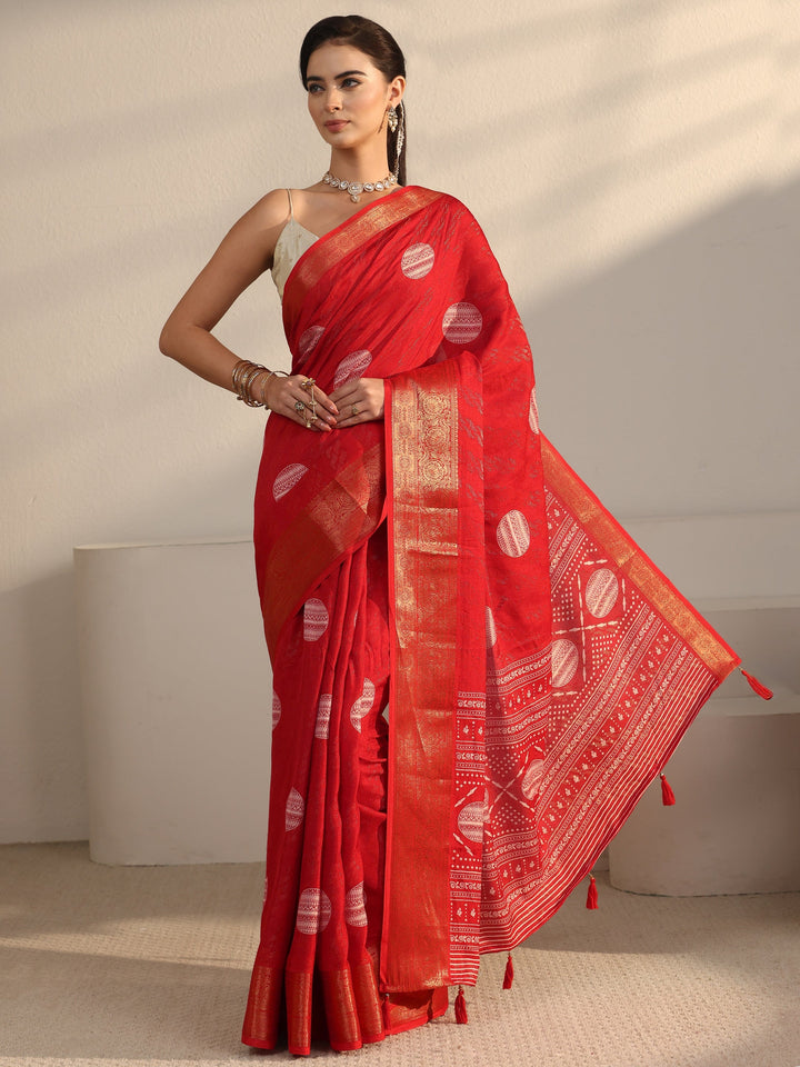 Libas Vermilion Red Woven Design Silk Blend Tassel Saree