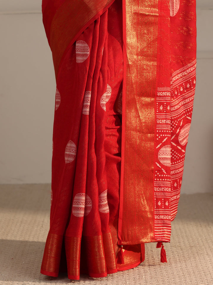 Libas Vermilion Red Woven Design Silk Blend Tassel Saree