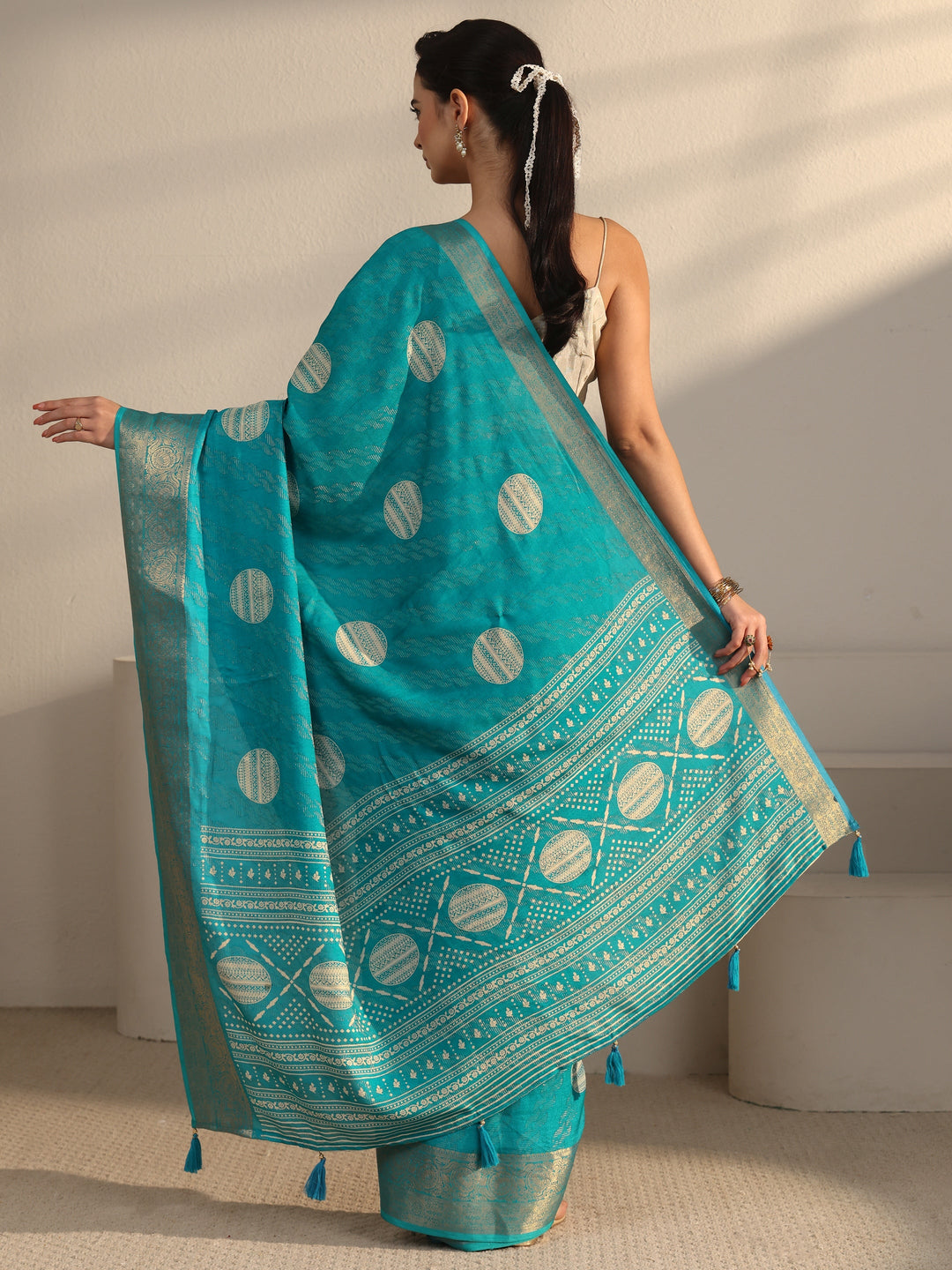 Libas Turquoise Blue Woven Design Silk Blend Tassel Saree
