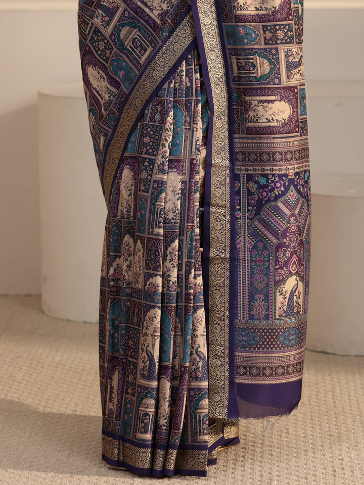 Libas Purple Jharokha Printed Silk Blend Saree