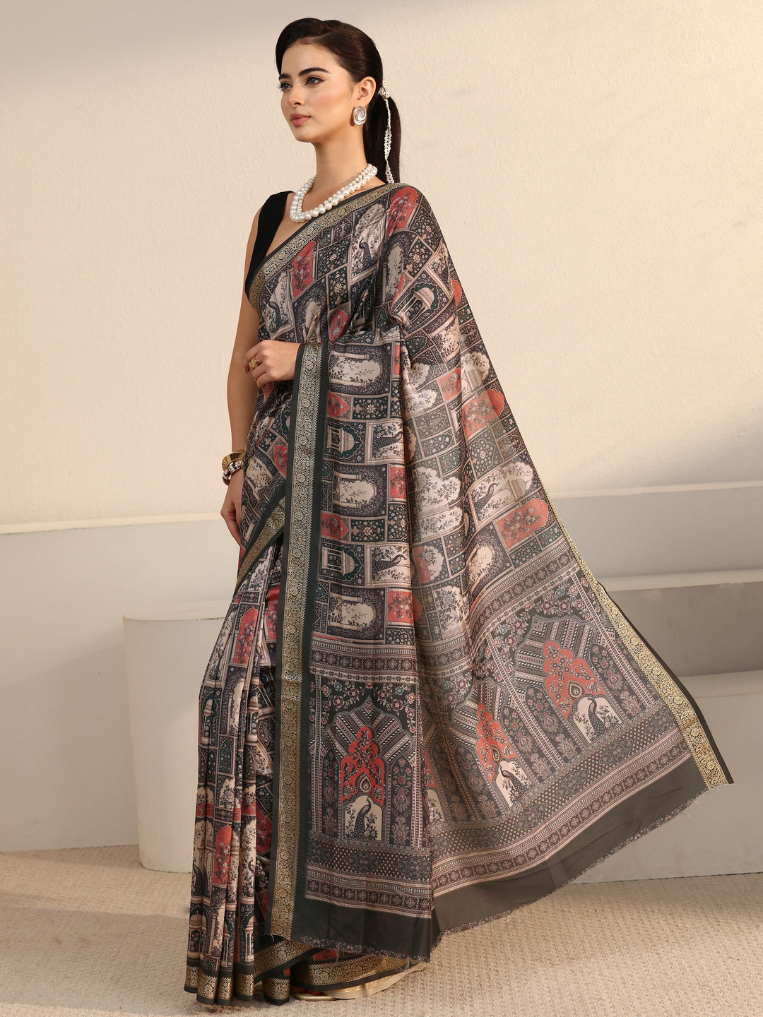 Libas Dusty Green Jharokha Printed Silk Blend Saree