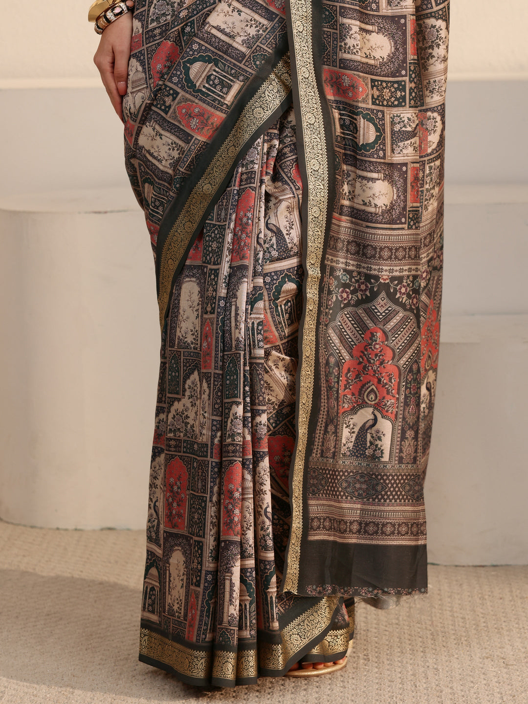 Libas Dusty Green Jharokha Printed Silk Blend Saree