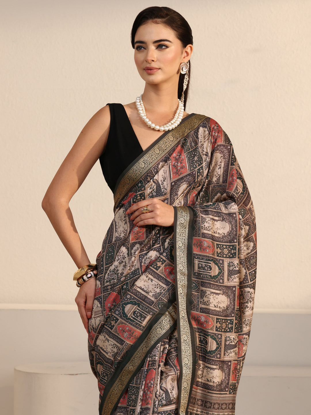 Libas Dusty Green Jharokha Printed Silk Blend Saree