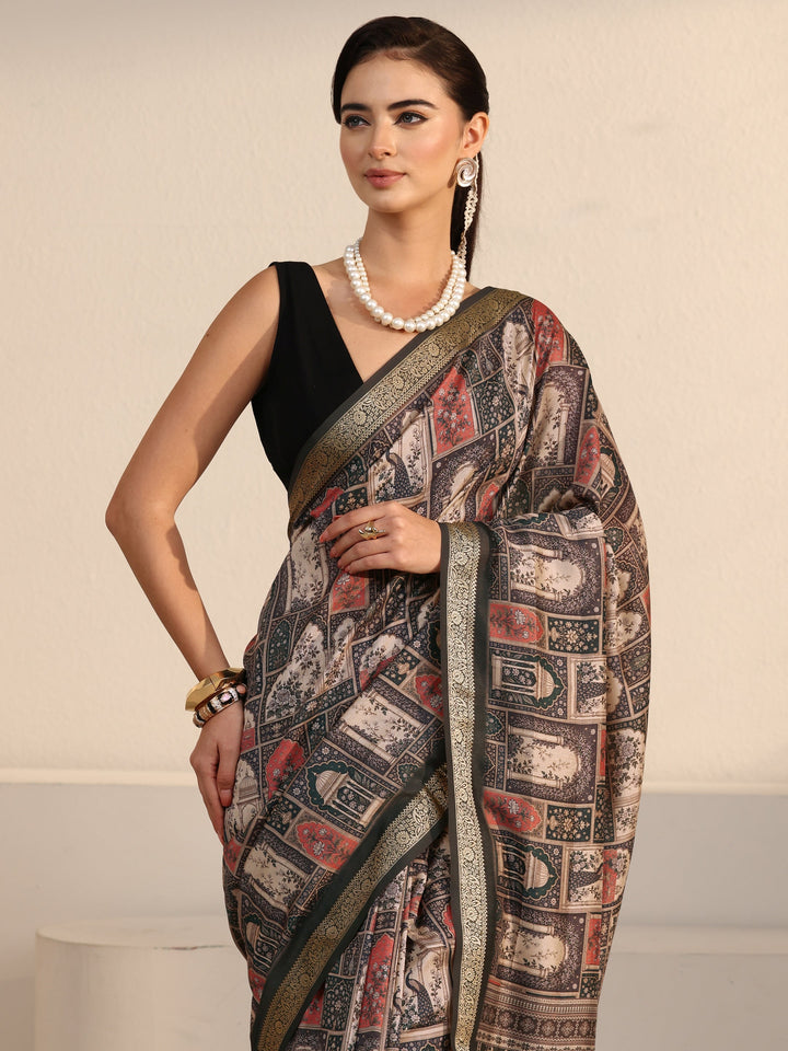 Libas Dusty Green Jharokha Printed Silk Blend Saree