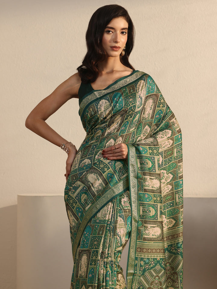 Libas Green Jharokha Printed Silk Blend Saree
