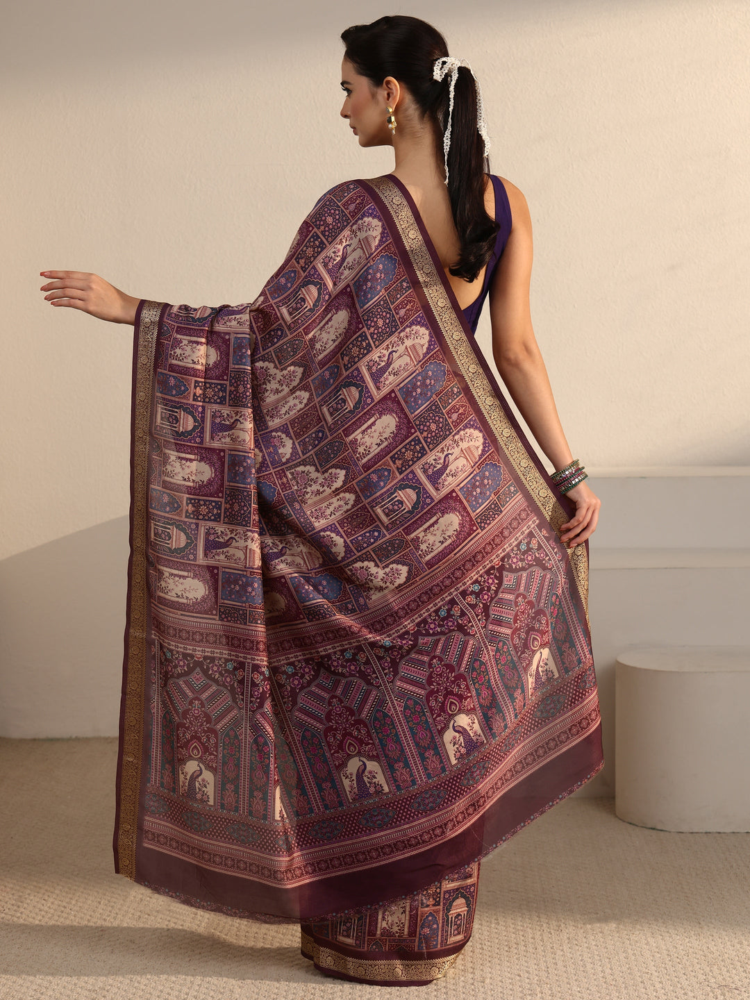 Libas Brown Jharokha Printed Silk Blend Saree