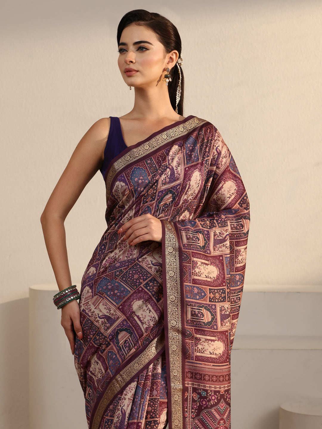 Libas Brown Jharokha Printed Silk Blend Saree