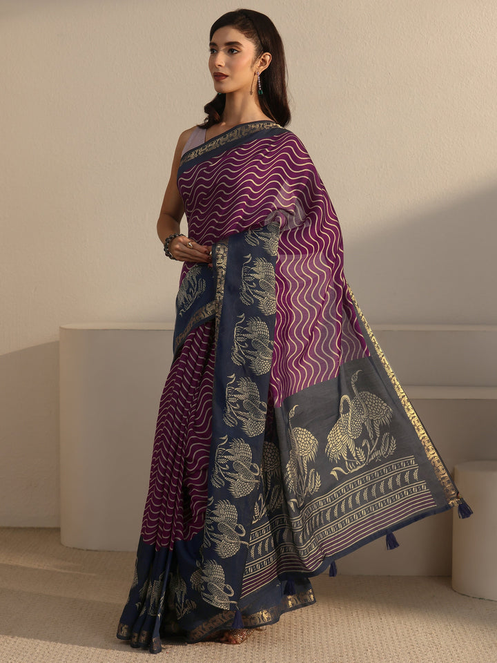 Libas Purple and Blue Wavy Stripe Printed Silk Blend Tassel Saree