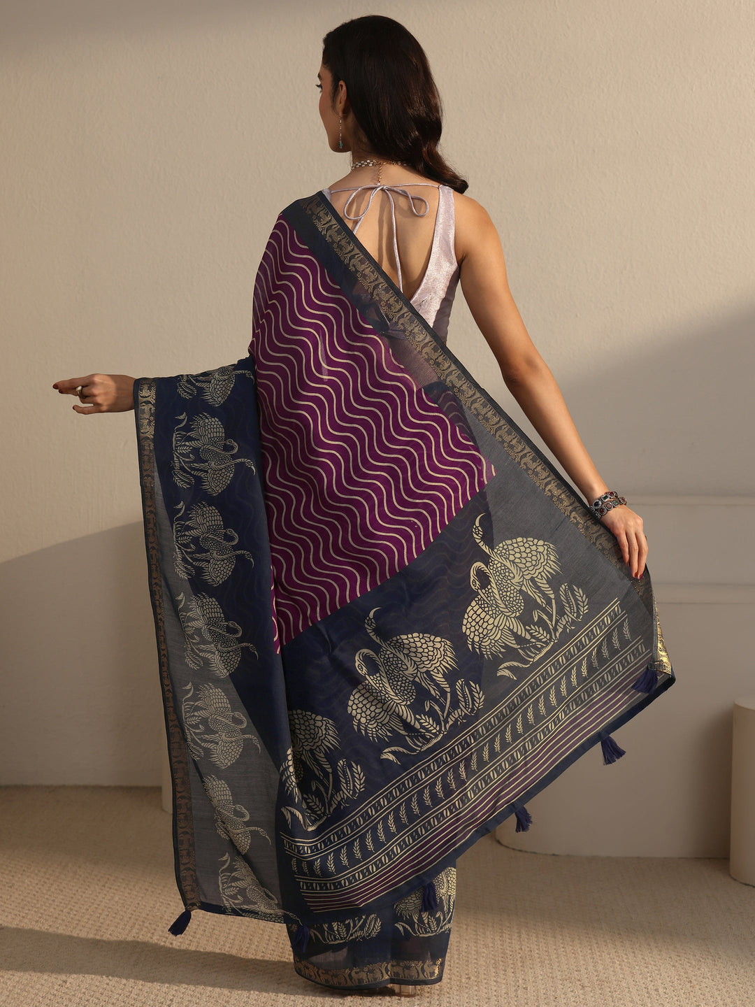 Libas Purple and Blue Wavy Stripe Printed Silk Blend Tassel Saree