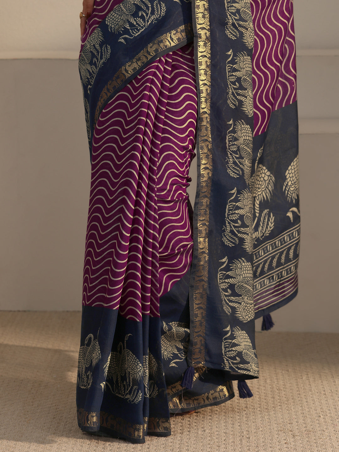 Libas Purple and Blue Wavy Stripe Printed Silk Blend Tassel Saree