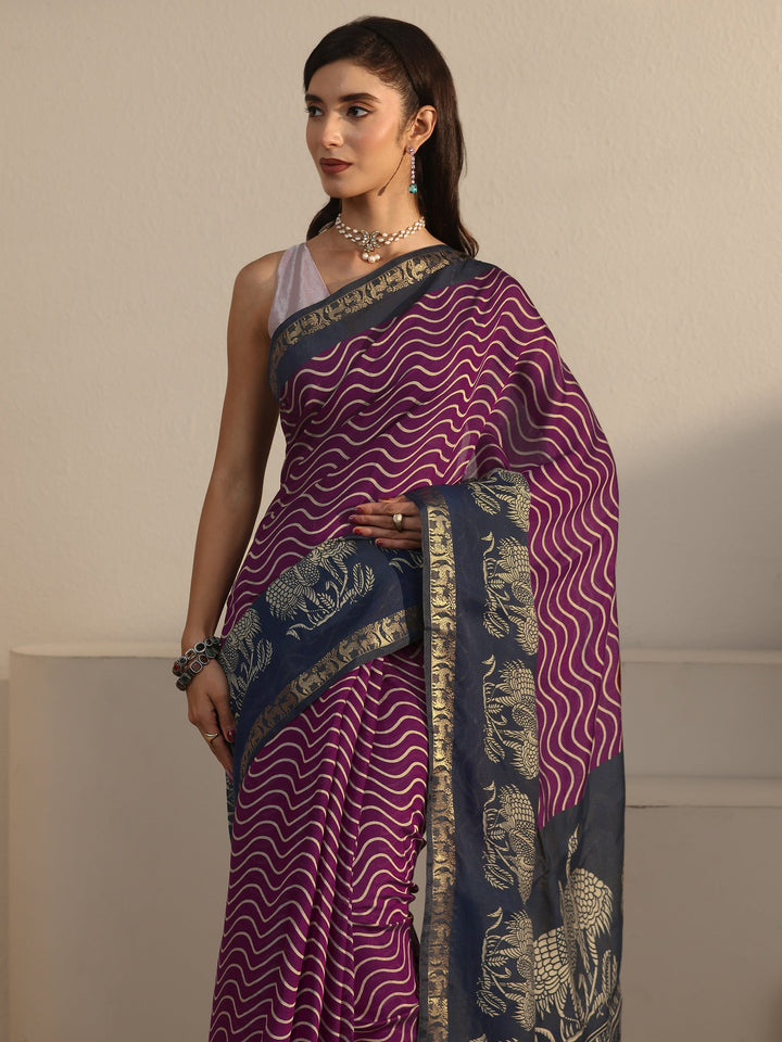 Libas Purple and Blue Wavy Stripe Printed Silk Blend Tassel Saree