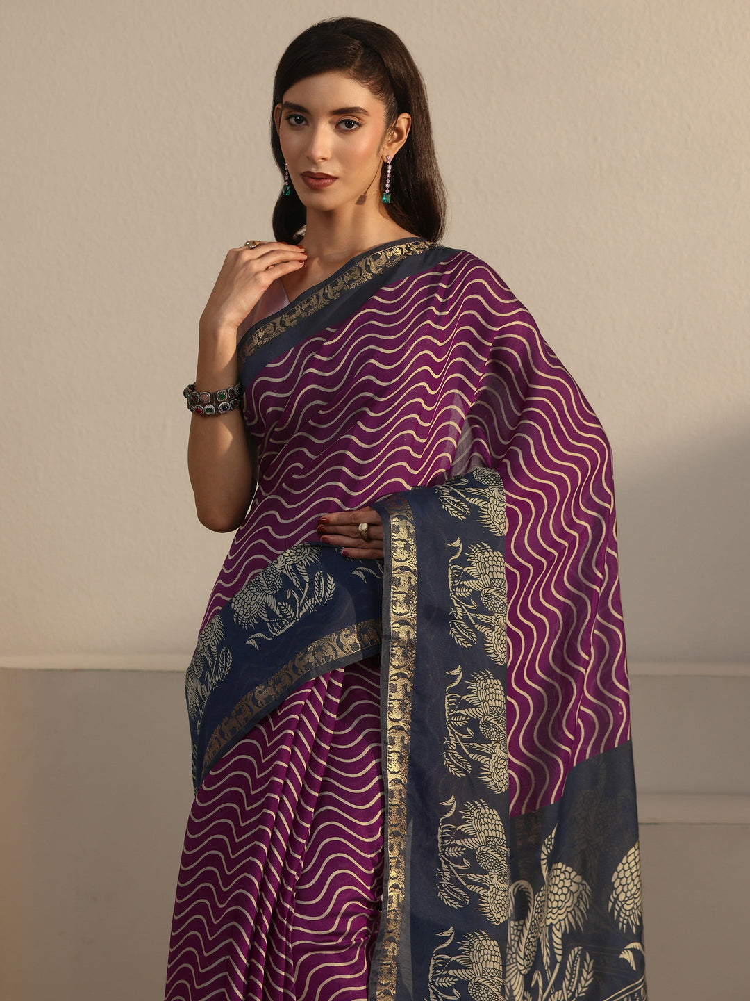 Libas Purple and Blue Wavy Stripe Printed Silk Blend Tassel Saree
