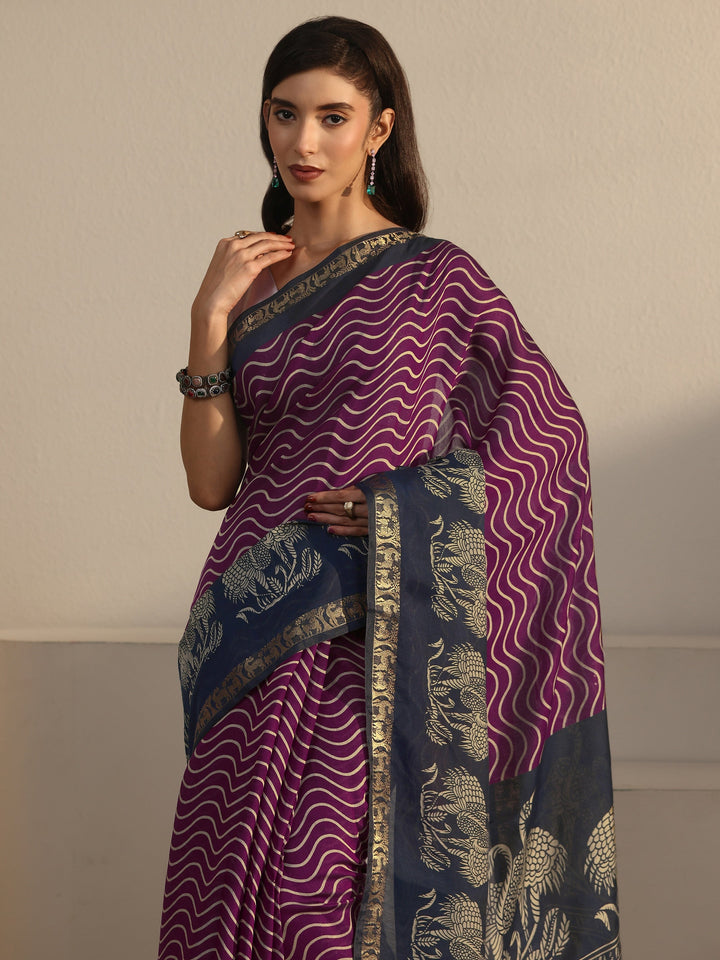 Libas Purple and Blue Wavy Stripe Printed Silk Blend Tassel Saree