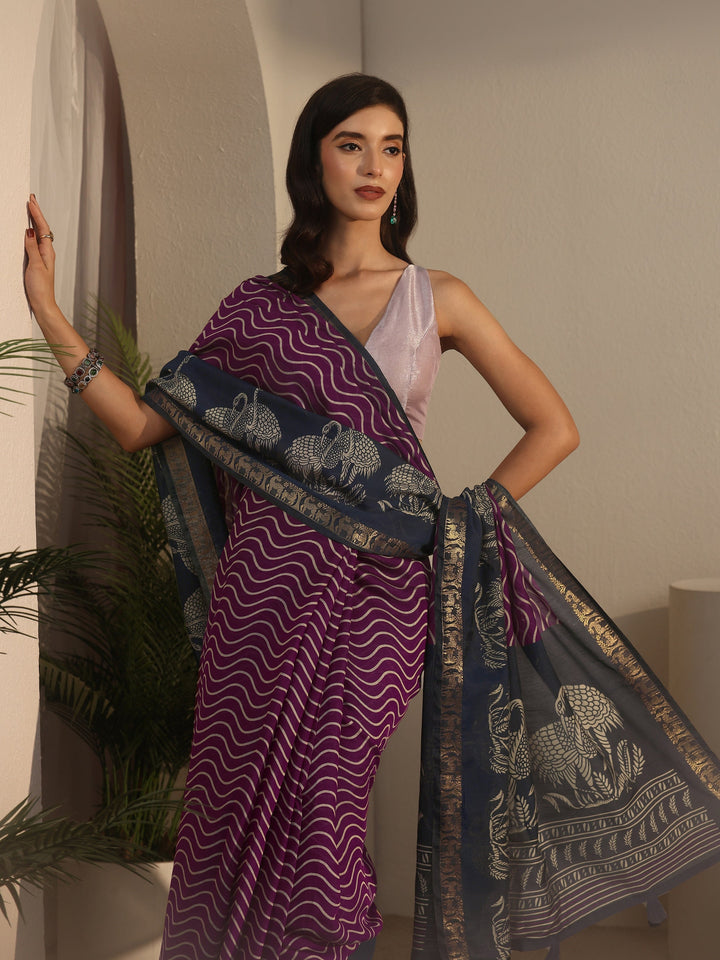 Libas Purple and Blue Wavy Stripe Printed Silk Blend Tassel Saree