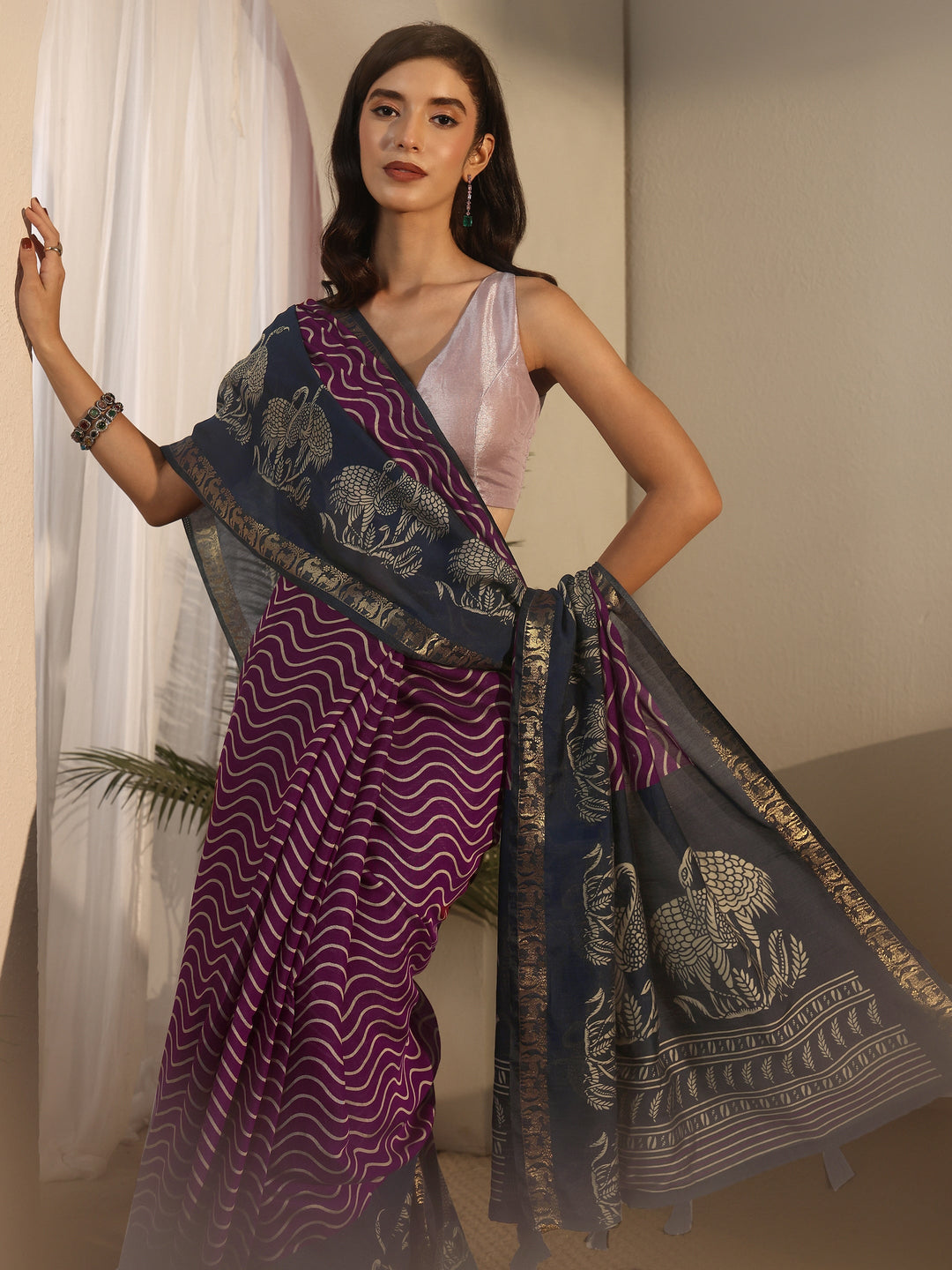 Libas Purple and Blue Wavy Stripe Printed Silk Blend Tassel Saree