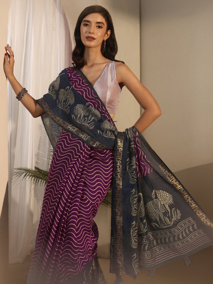 Libas Purple and Blue Wavy Stripe Printed Silk Blend Tassel Saree