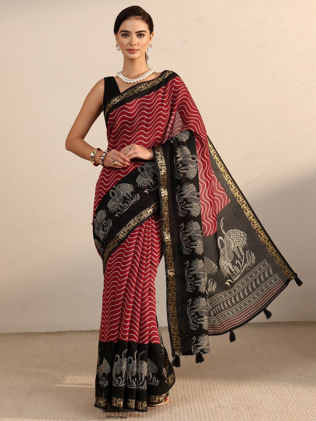 Libas Red and Black Wavy Stripe Printed Silk Blend Tassel Saree