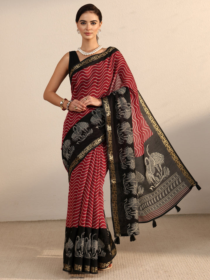 Libas Red and Black Wavy Stripe Printed Silk Blend Tassel Saree