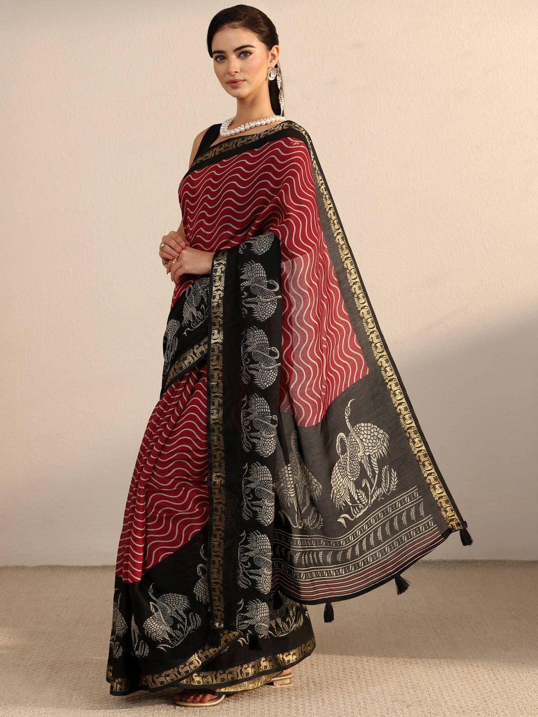 Libas Red and Black Wavy Stripe Printed Silk Blend Tassel Saree