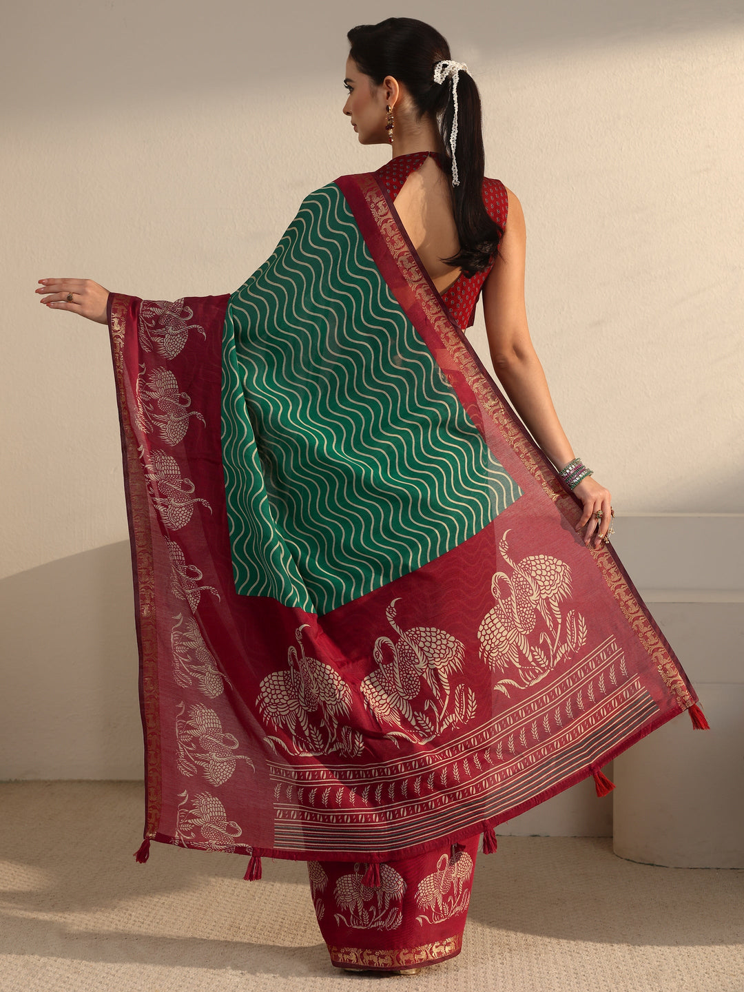 Libas Green and Red Wavy Stripe Printed Silk Blend Tassel Saree