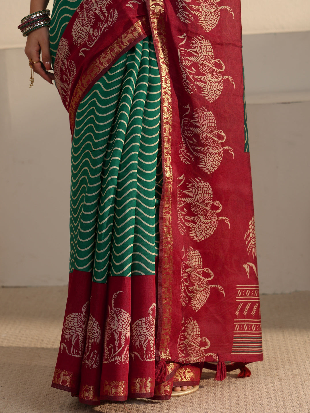 Libas Green and Red Wavy Stripe Printed Silk Blend Tassel Saree