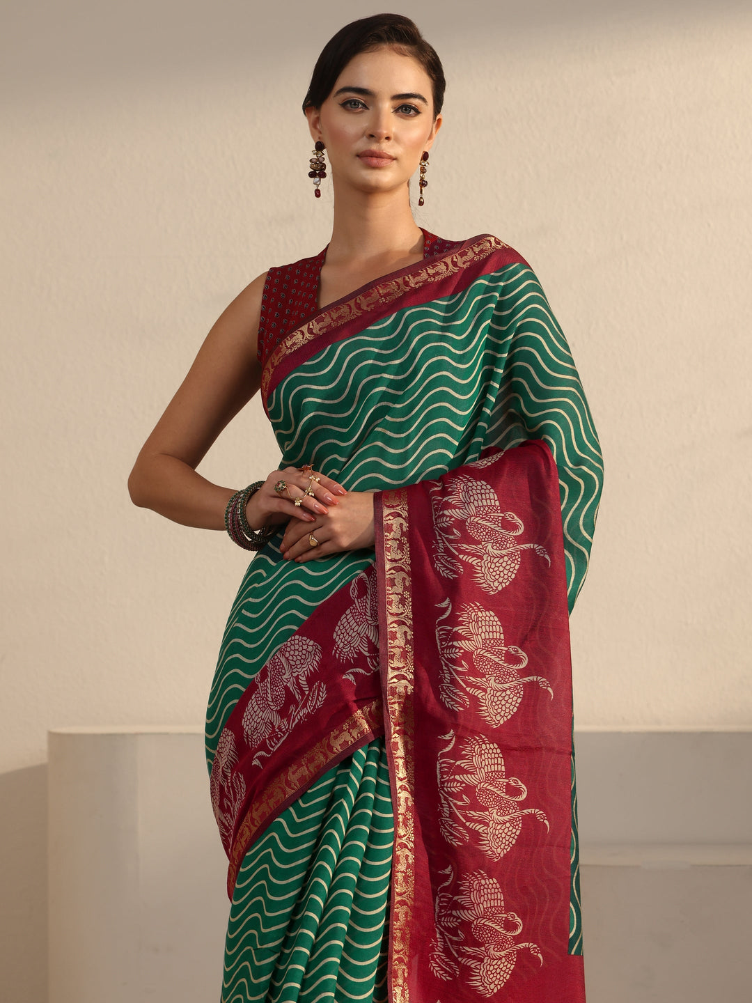 Libas Green and Red Wavy Stripe Printed Silk Blend Tassel Saree