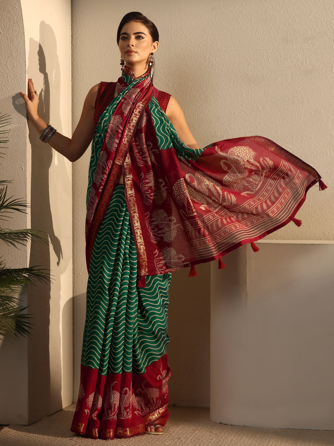 Libas Green and Red Wavy Stripe Printed Silk Blend Tassel Saree