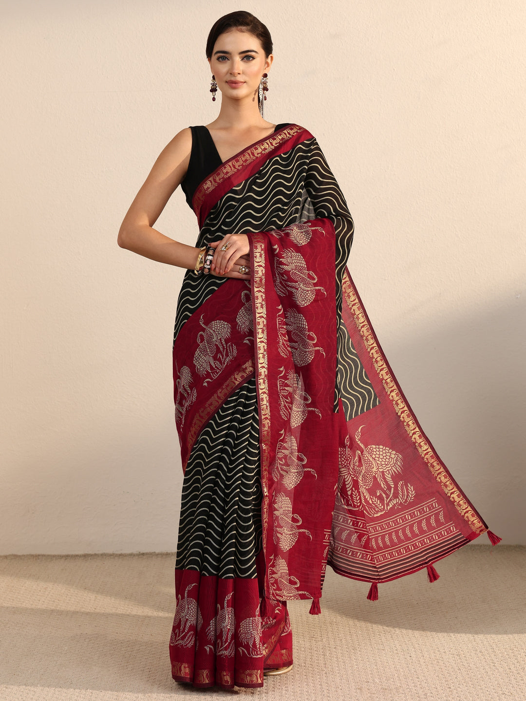 Libas Black and Red Wavy Stripe Printed Silk Blend Tassel Saree
