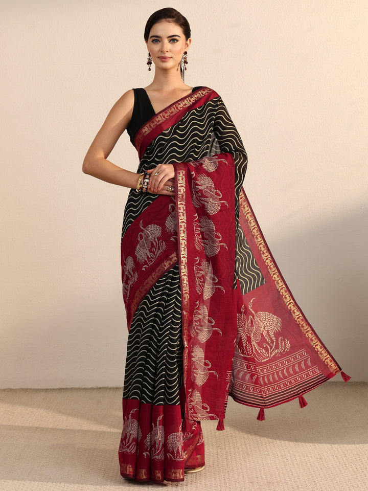 Libas Black and Red Wavy Stripe Printed Silk Blend Tassel Saree