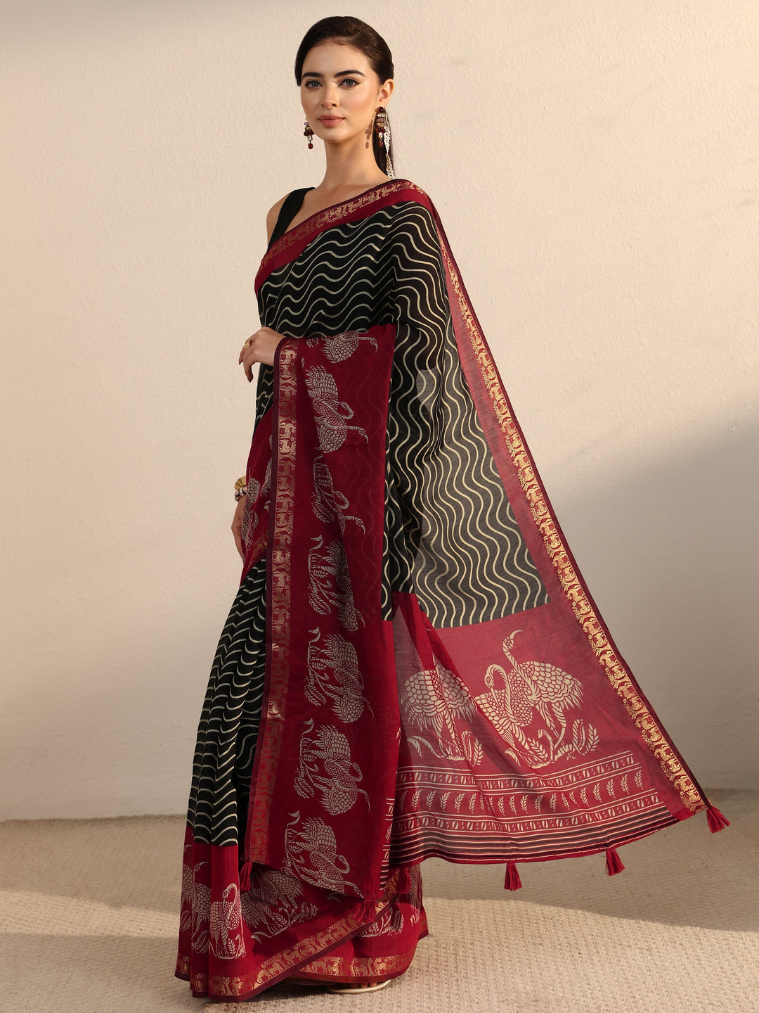 Libas Black and Red Wavy Stripe Printed Silk Blend Tassel Saree