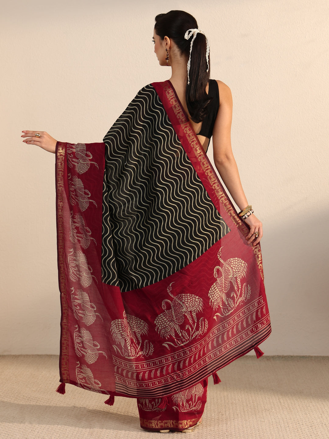 Libas Black and Red Wavy Stripe Printed Silk Blend Tassel Saree