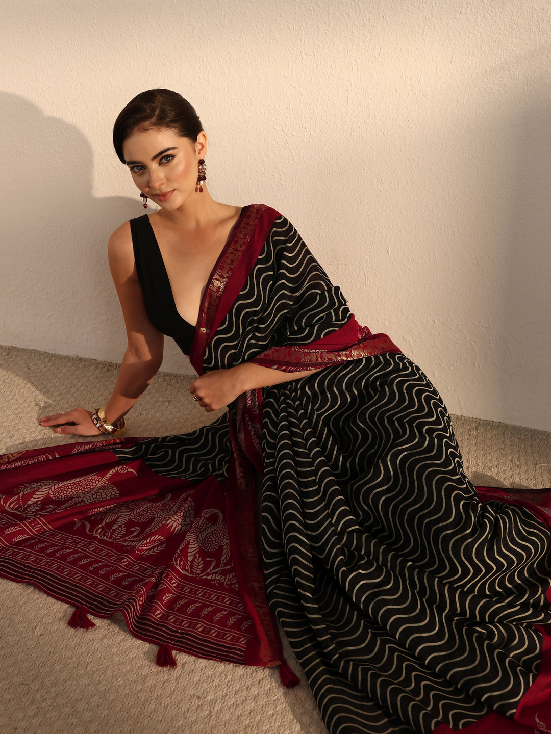 Libas Black and Red Wavy Stripe Printed Silk Blend Tassel Saree