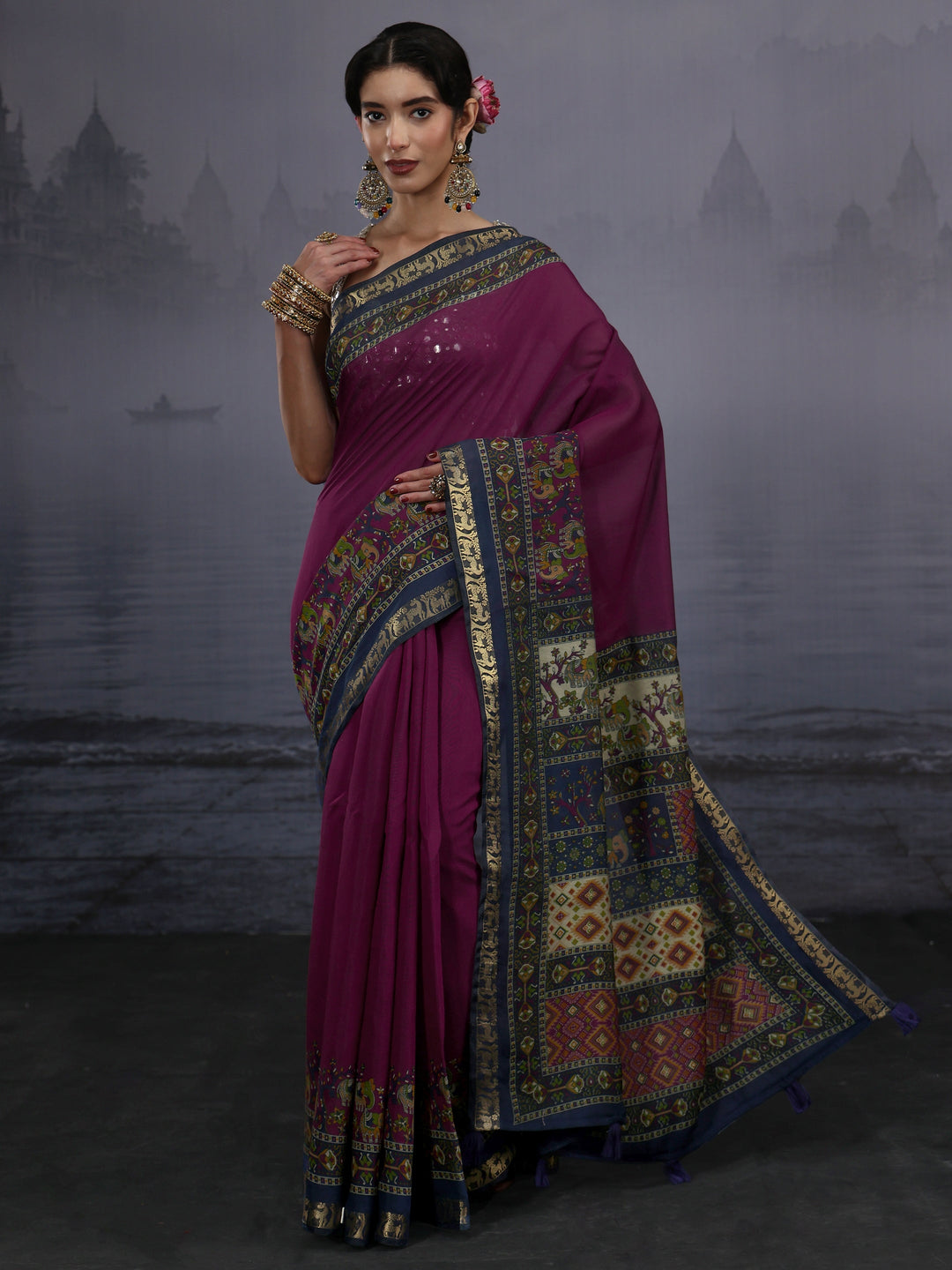 Libas Purple Silk Blend Saree with Multi Printed Border