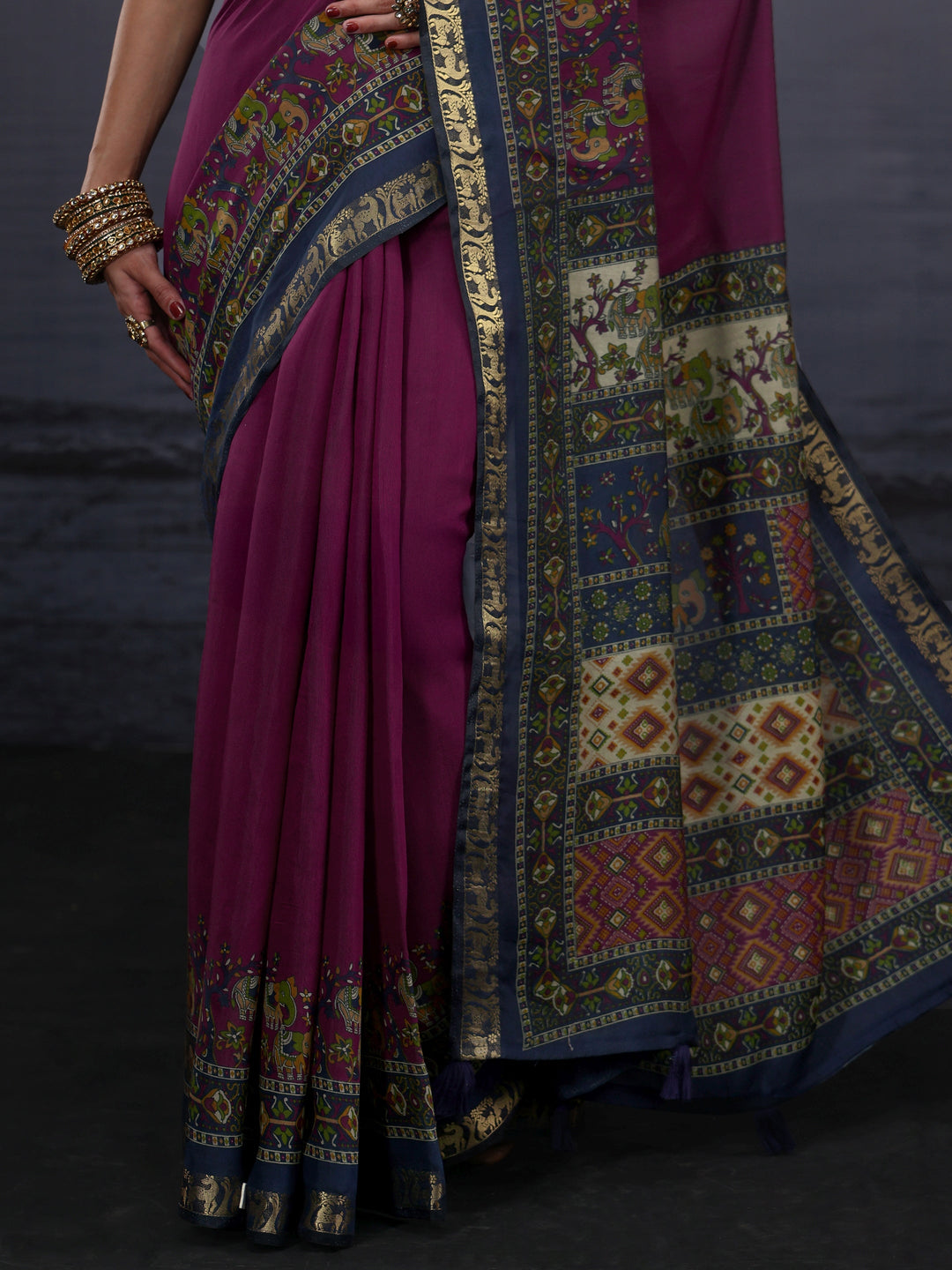 Libas Purple Silk Blend Saree with Multi Printed Border