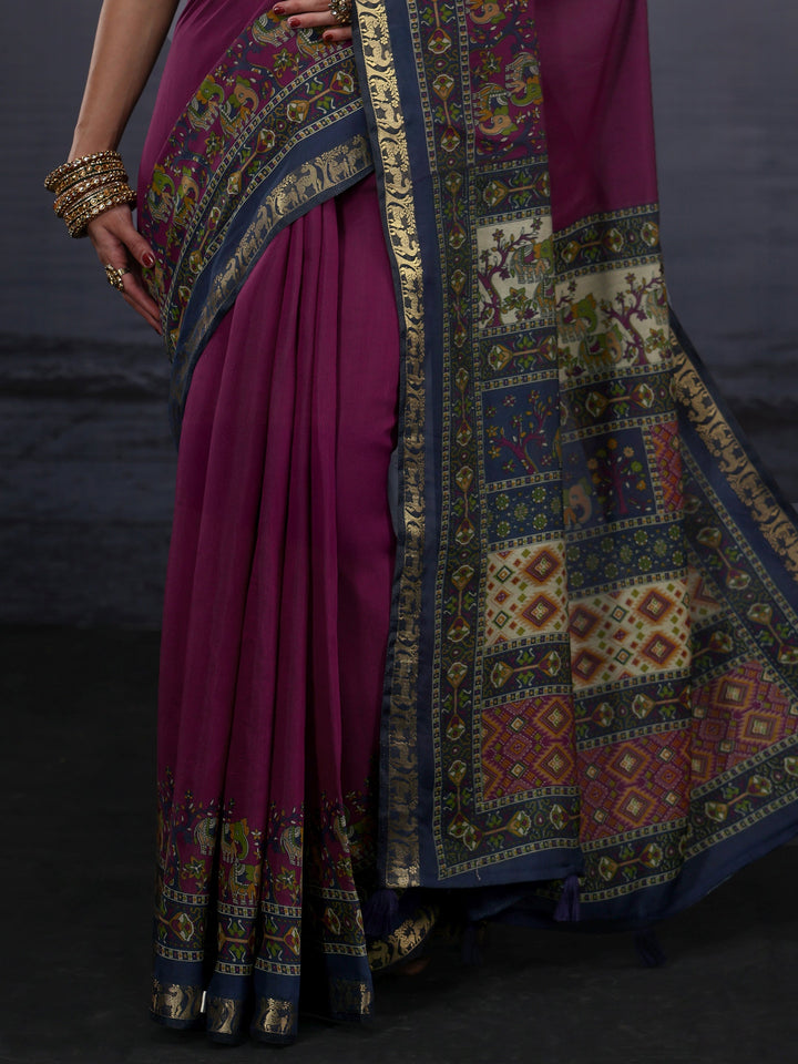 Libas Purple Silk Blend Saree with Multi Printed Border
