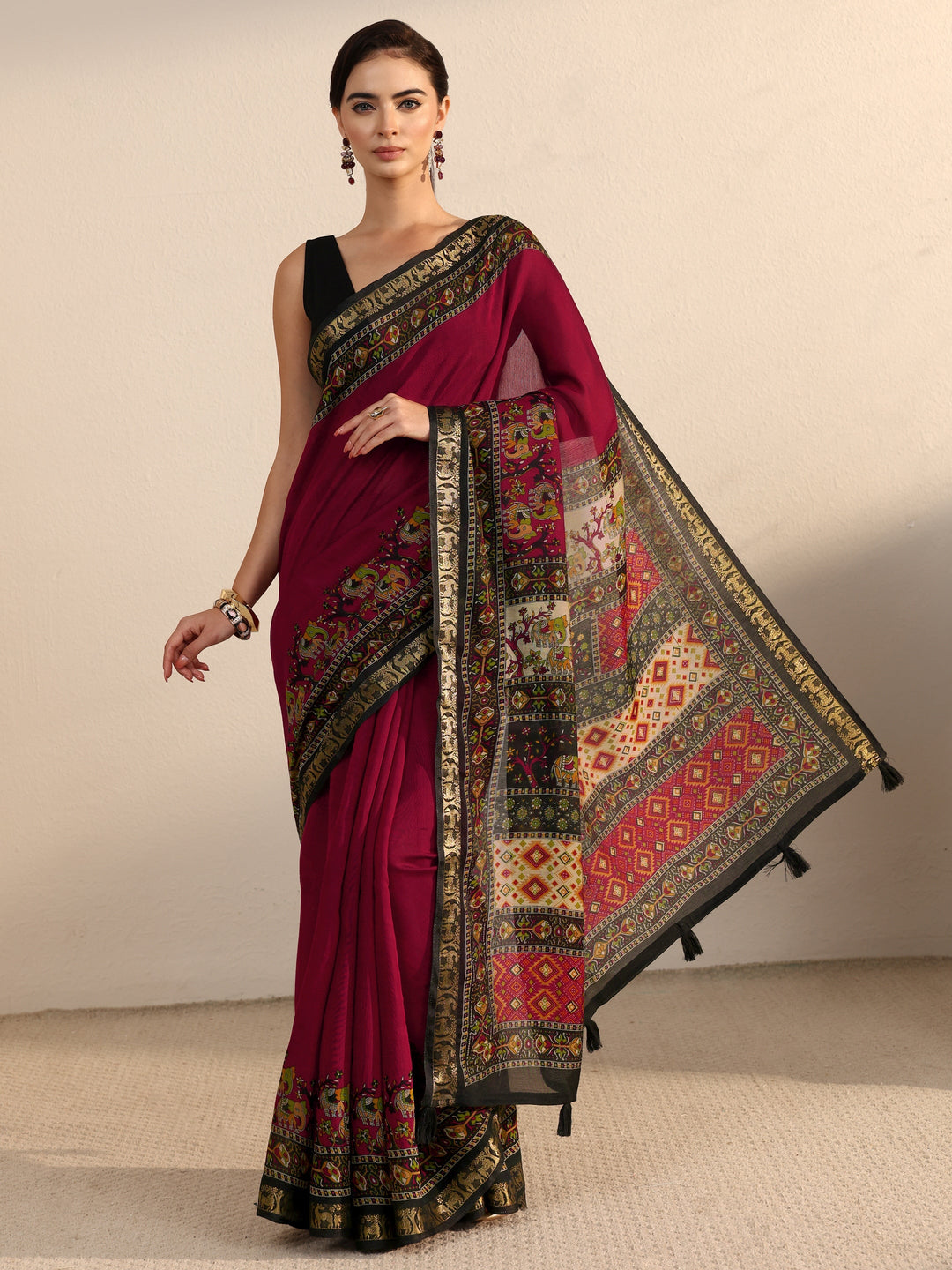 Libas Maroon and Black Printed Silk Blend Tassel Saree