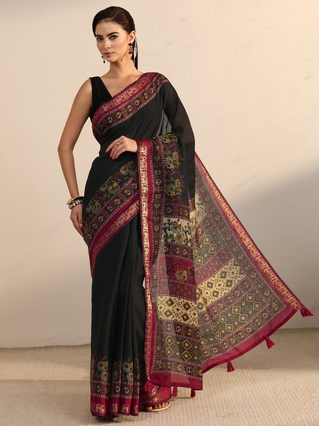 Libas Black and Red Printed Silk Blend Tassel Saree