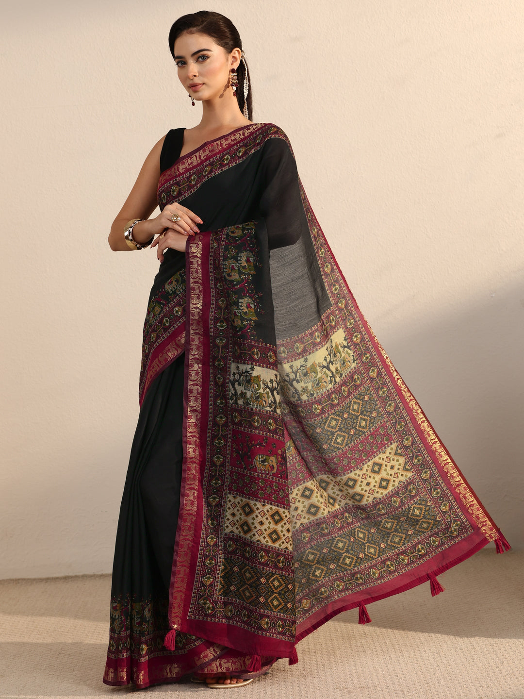 Libas Black and Red Printed Silk Blend Tassel Saree