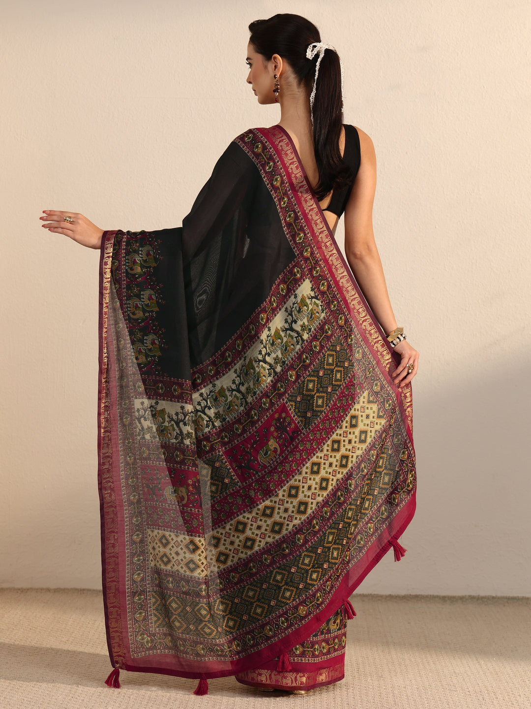 Libas Black and Red Printed Silk Blend Tassel Saree