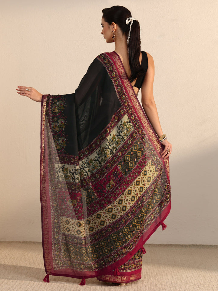 Libas Black and Red Printed Silk Blend Tassel Saree