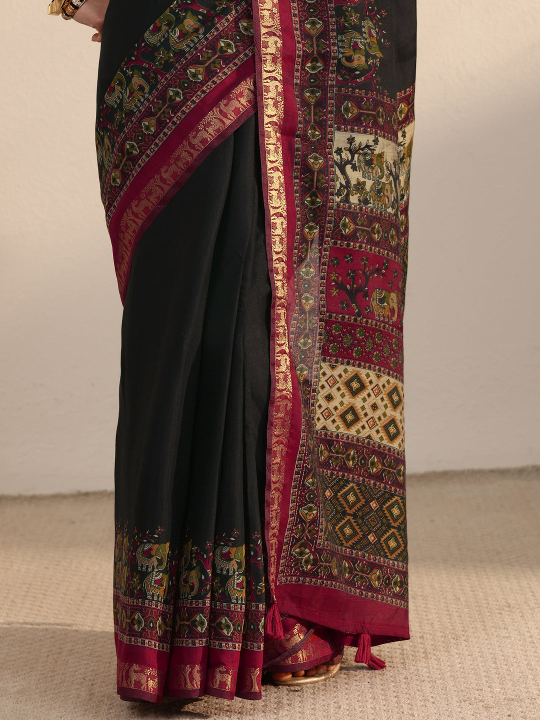 Libas Black and Red Printed Silk Blend Tassel Saree